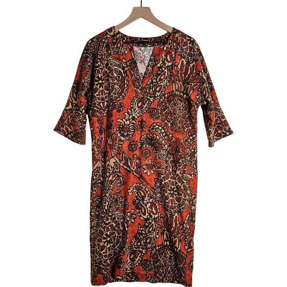Talbots Paisley Print Linen Dress 6 Rust Brown Elbow Sleeves Boho‎ Tunic - Picture 1 of 5